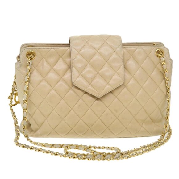 CHANEL Chain Shoulder Bag Lamb Skin Beige CC Auth 38451 - Picture 1 of 14